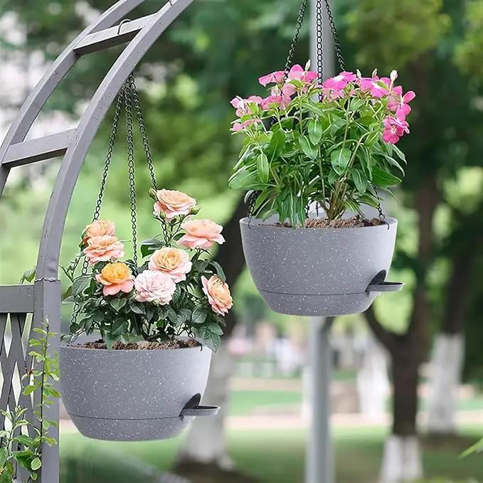 12 Inch Hanging Baskets 2 PC with Chains, Self-Watering Hanging Planters for Indoor Outdoor Plants, Plastic Hanging Flower Pots,Speckled Grey by GreenHaven Gardens