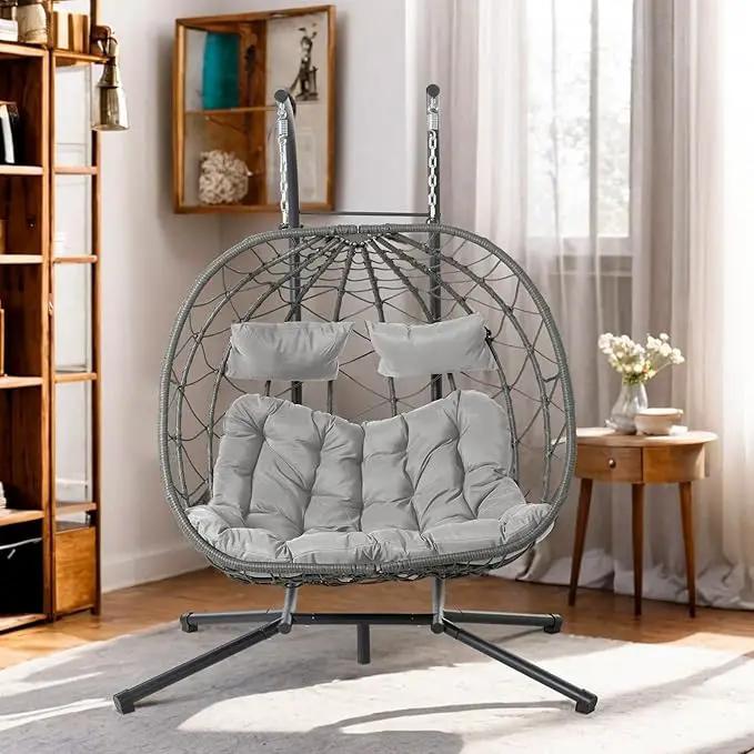 2 Person Double Egg Swing Chair with Stand Indoor Outdoor, Hammock Egg Chair Outdoor, Patio Wicker Hanging Egg Chair w/Cushion 700LBS Capacity for Bedroom, Balcony, Garden, Grey by GreenHaven Gardens