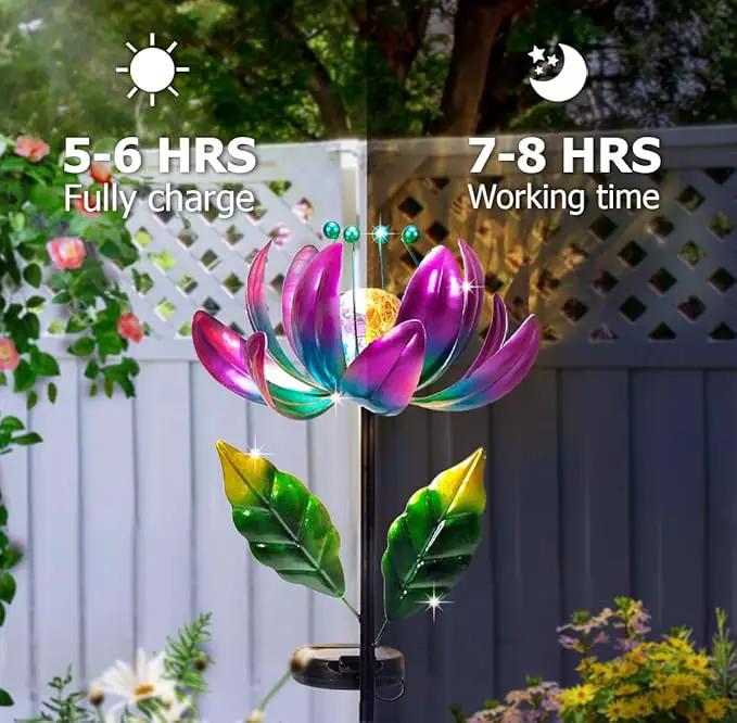 Huaxu Solar Outdoor Lights 35.4In Garden Decor Flower Wind Spinners,Waterproof LED Crackle Glass Globe Purple Lotus Art Metal Stake for Lawn Patio Pathway Yard Porch Driveway Decorations Gift by GreenHaven Gardens
