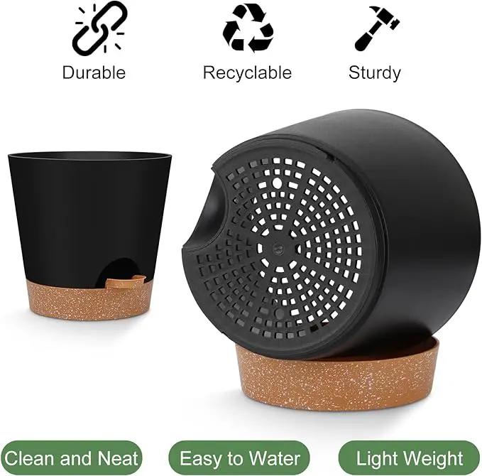 Indoor Self Watering Planters with Drainage Holes and Saucers, 8, 7, 6.5, 6, 5.5, 5 Inches, Black, 6 Pots by GreenHaven Gardens