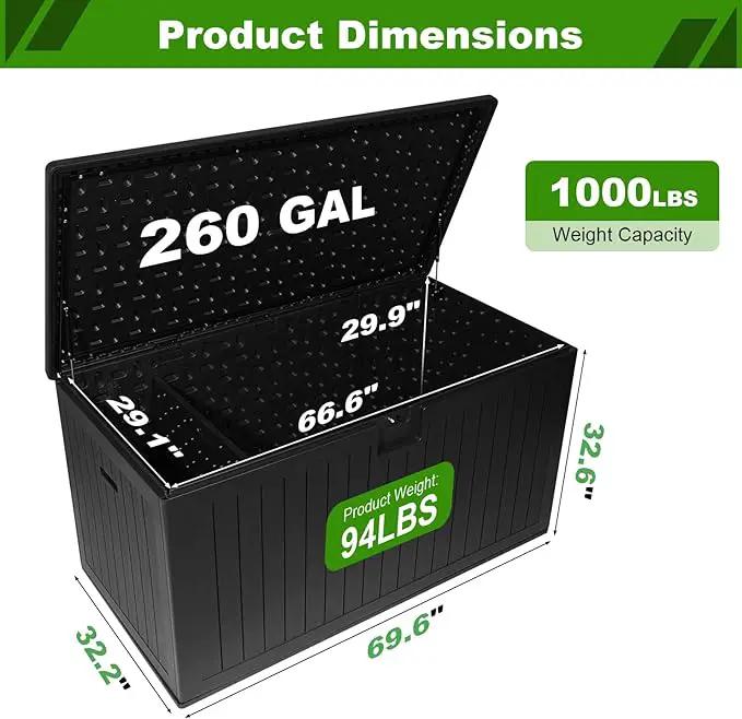 260 Gallon Outdoor Storage Box Waterproof, Extra Large Plastic Outside Deck Box Weatherproof, Resin Patio Storage Bin with Lock and Lids for Pool Equipment and Cushion, Black by GreenHaven Gardens
