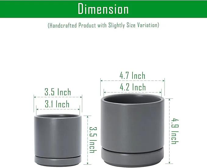D'vine Dev 3.5 Inch & 4.7 Inch Ceramic Planter Pots for Plants with Drainage Hole and Saucer, X-Small Plant Pots Set, Speckled Grey, 94-G-XS-3 by GreenHaven Gardens