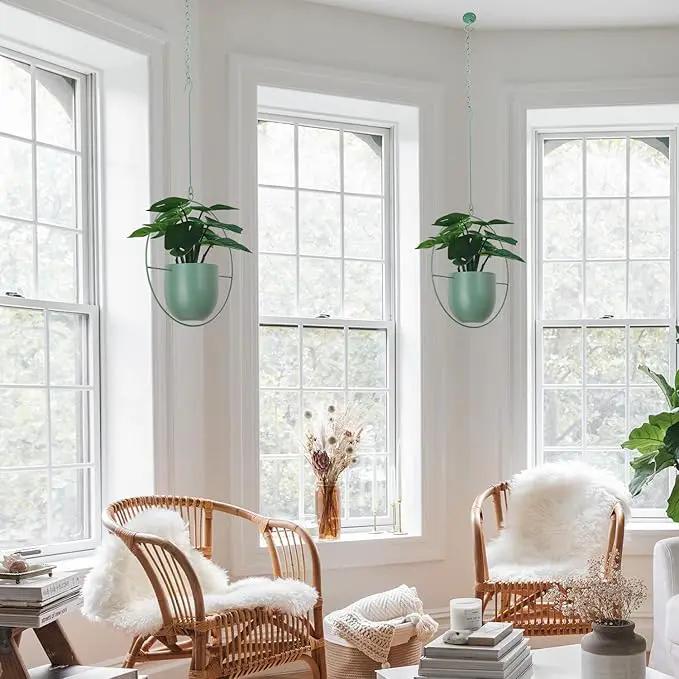 Hanging Planters 2 Pack Boho Mid Century Hanging Plants Hangers Metal Wall Ceiling Flower Pot Indoor Outdoor Vine Holder Room and Window Decor(Green) by GreenHaven Gardens