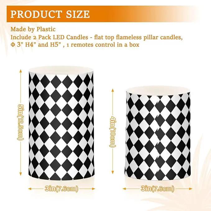 Flickering Flameless Candles, Black White Rhombuses Checkered LED Candles with Remote Timer, Set of 2 Battery Operated Candle for Valentine Wedding Birthday by GreenHaven Gardens