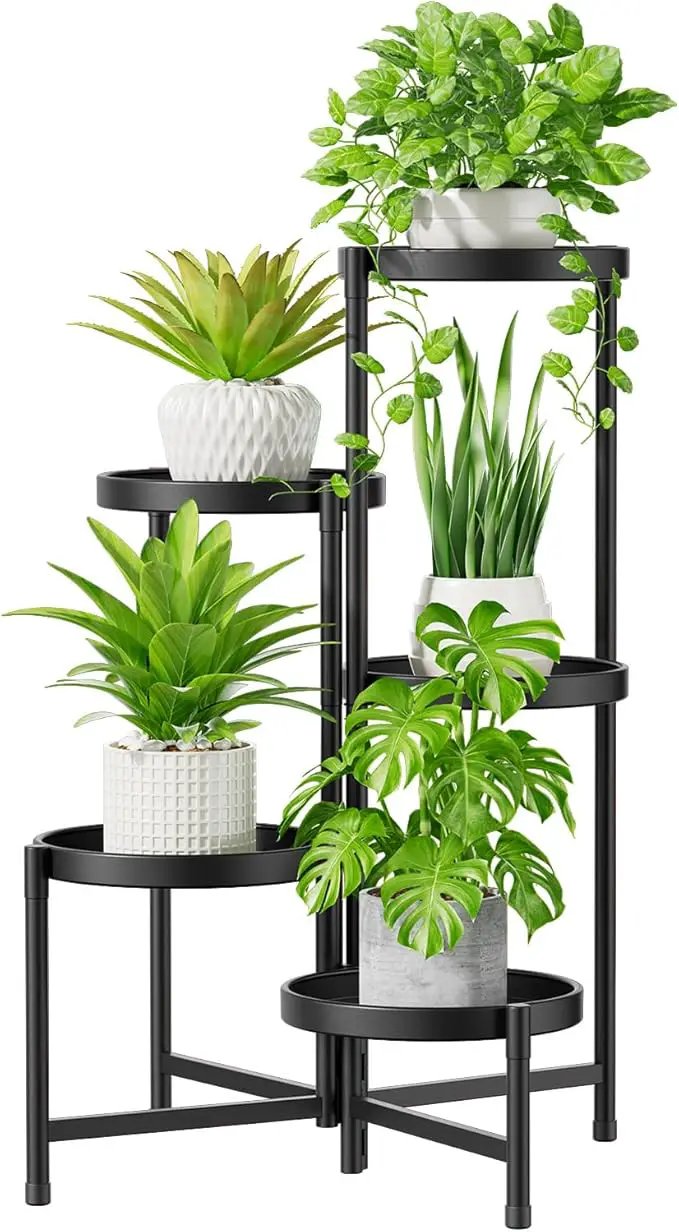 iDavosic.ly 5 Tier Large Plant Stand Indoor with 10 Inch Wide Tray, Tiered Corner Metal Outdoor Flower Display Holder Shelf, Folding Tall Rack for Patio Porch Living Room, Modern Black by GreenHaven Gardens