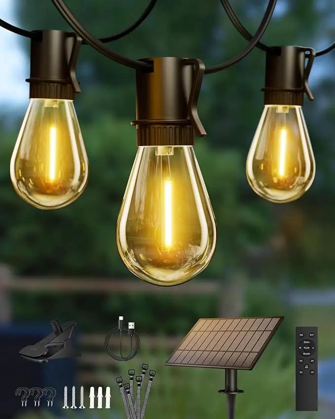 Solar Powered 150FT Outdoor String Lights 35+2 LED Bulbs Waterproof Shatterproof Remote Control Dimmable Extra Long Hanging Lights for Large Yard Deck Market Cafe Event Lighting by GreenHaven Gardens