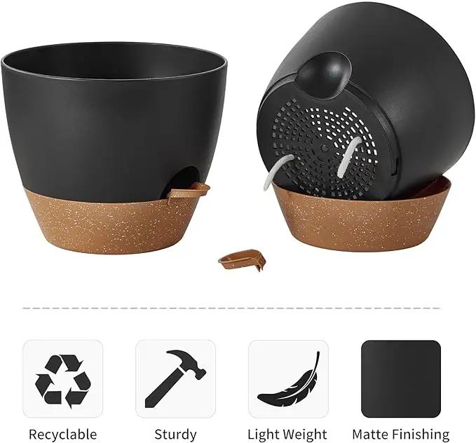 FaithLand 3-Pack Large Planter Pots, 12 10 9 Inch Self Watering Flower Pots for Indoor Outdoor Garden Plants, Black with Brown by GreenHaven Gardens