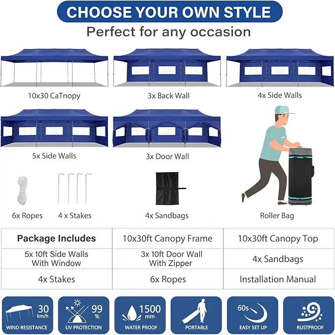 COBIZI 10x30 Pop up Canopy Heavy Duty with 8 Sidewalls, Easy Set-up Commercial Outdoor Party, 100% Waterproof Wedding Canopy Gazebo, 3 Height Adjustable with Wheeled Bag, Dark Blue by GreenHaven Gardens