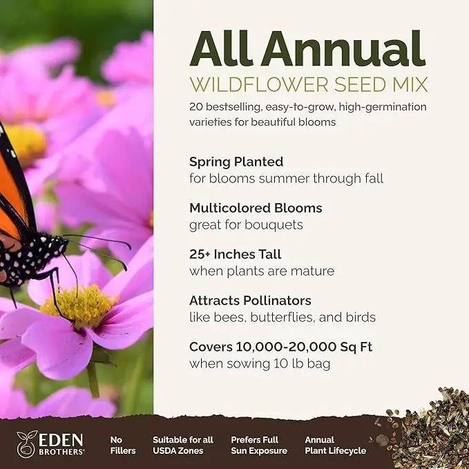 Eden Brothers All Annual Wildflower Mixed Seeds for Planting, 10 lb, 4,800,000+ Seeds Including Sunflower, Indian Blanket | Attracts Pollinators, Plant in Spring, Zones 3, 4, 5, 6, 7, 8, 9, 10 by GreenHaven Gardens