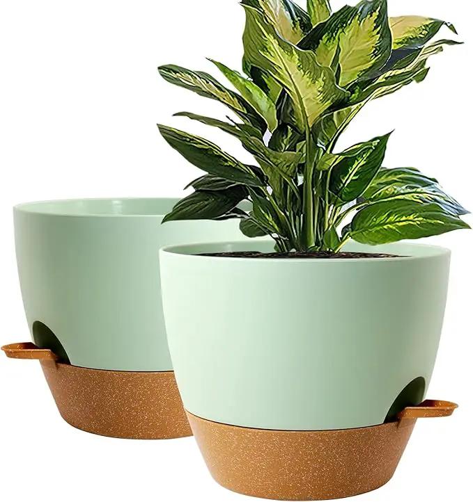 WOUSIWER 10 inch Self Watering Planters, 2 Pack Large Plastic Plant Pots with Deep Reservior and High Drainage Holes for Indoor Outdoor Plants and Flowers, Green with Terracotta by GreenHaven Gardens
