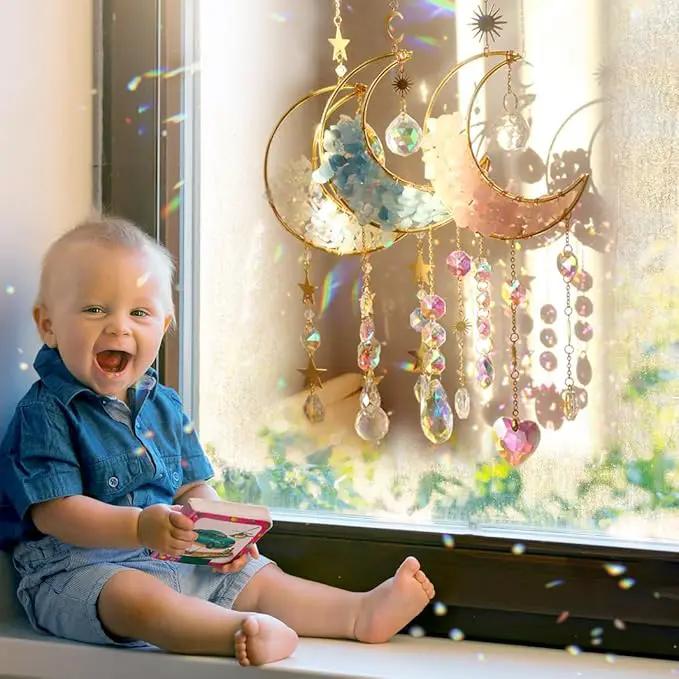 Crystal Suncatcher Hanging Moon Sun Light Catcher with Glass Prisms for Window Natural Pink Crystal Decor Home Indoor Making Rainbows by GreenHaven Gardens
