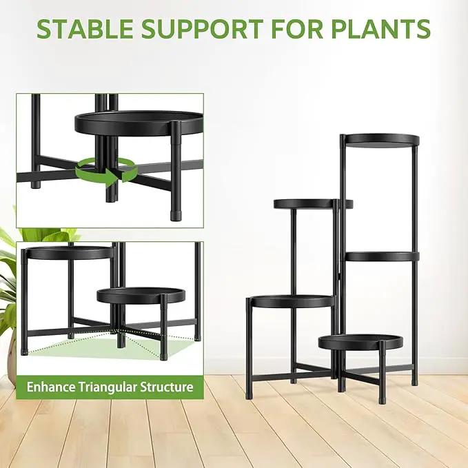 iDavosic.ly 5 Tier Large Plant Stand Indoor with 10 Inch Wide Tray, Tiered Corner Metal Outdoor Flower Display Holder Shelf, Folding Tall Rack for Patio Porch Living Room, Modern Black by GreenHaven Gardens