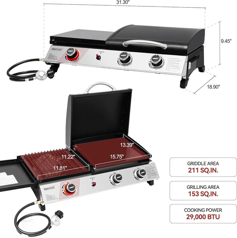 Royal Gourmet PD1305H 3 Burner Propane Gas Grill and Griddle Combo with Lid, 3-in-1 Grill Griddle Combo with 29,000 BTUs Output for Outdoor Cooking, 364 Sq. In. Cooking Area, Silver & Black by GreenHaven Gardens