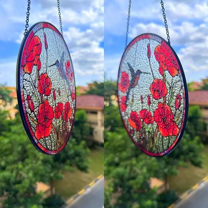 7.8'' Hummingbird Suncatcher Stained Glass Suncatchers - Originally Designed Hummingbird Red Poppies Ornament for Sun Catcher Indoor Window | Gifts for Hummingbird Lovers Painted Glass Panel Decor by GreenHaven Gardens