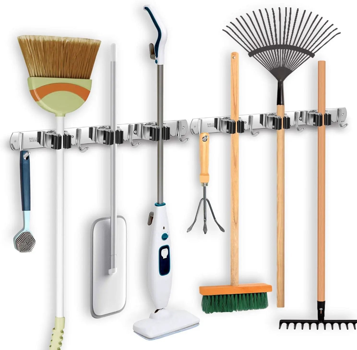 IMILLET 2 Pack Broom and Mop Holder Wall Mounted, Stainless Steel Broom Holder Mop Holder Self Adhesive Heavy Duty Hooks Storage Organizer for Home Laundry Room Garden Garage Closet Kitchen by GreenHaven Gardens