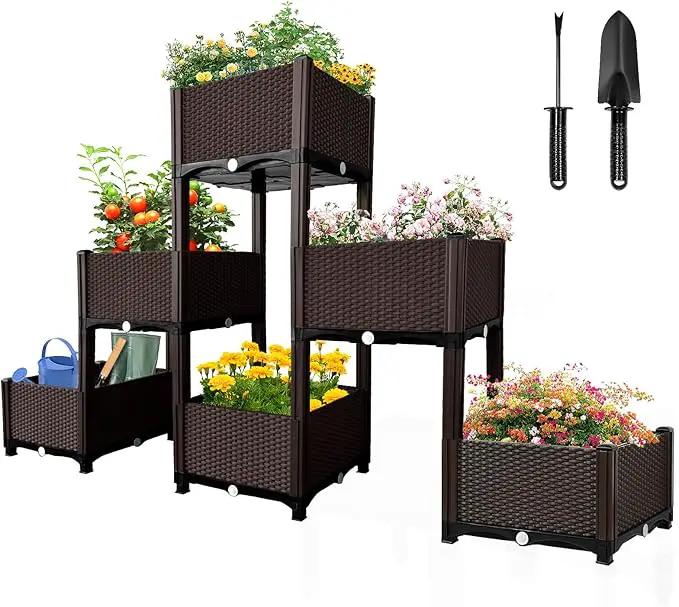 MAYOLIAH Raised Garden Bed with Drainage Elevated Planter Box Plastic Raised Beds for Gardening Vegetables Herb Flowers, Perfect for Indoor Outdoor Planting, 6 Boxes Brown by GreenHaven Gardens