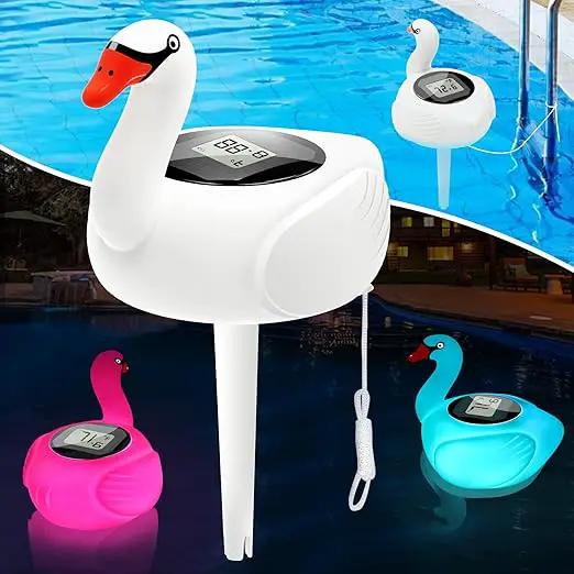 KingSom Digital Pool Thermometer,Solar Pool Thermometer Floating Easy Read with Color Changing Swan Light,Floating Pool Thermometer with Large LCD Screen and String,Pond Water Temperature Thermometer by GreenHaven Gardens