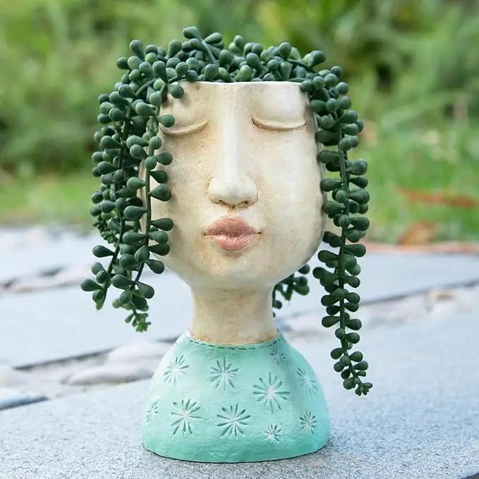DiliComing Head Planter Face Planter Pots - 8 Inch Indoor Flower Planter Outdoor Planter Succulent Pot Girl Resin Planter with Drainage Hole Planters for Indoor Plants by GreenHaven Gardens