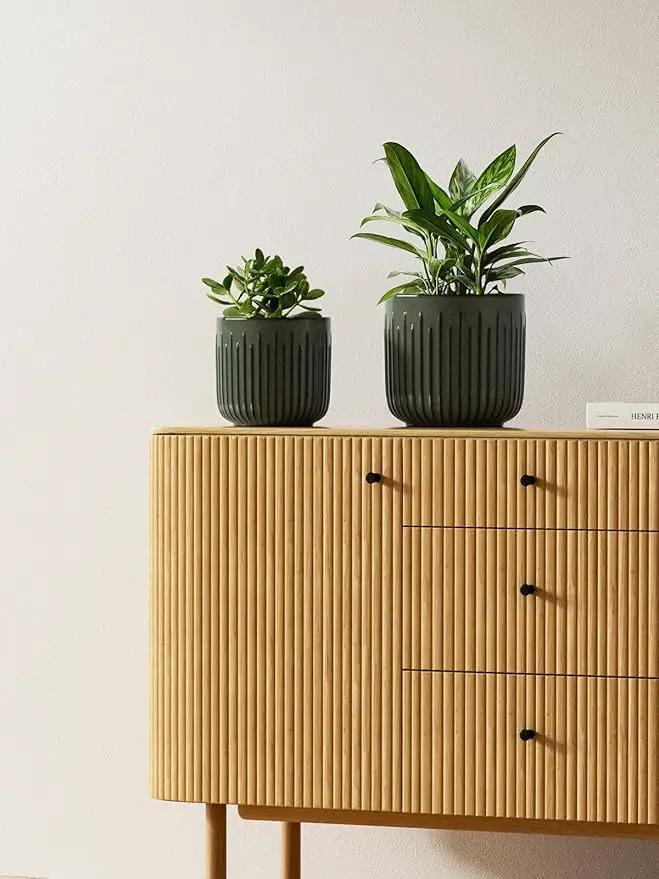 LE TAUCI Ceramic Planters for Indoor Plants, 8.3+6.9+5.7 inch Plant Pots with Drainage Holes, Cylinder Flower Pot for Indoor House Plant, Set of 3, Glaze Dark Olive by GreenHaven Gardens