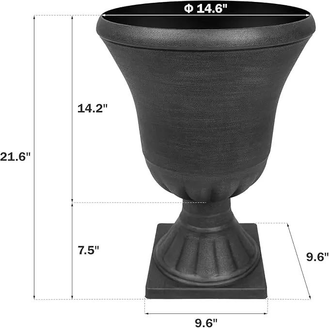 Worth Garden 2-Pack Plastic Urn Planters for Outdoor Plants, 22'' Black Tall Round Classic Resin Traditional Flower Pots - 15 in. Dia. Large Imitation Stone Decorative Pot Patio Deck Front Porch by GreenHaven Gardens
