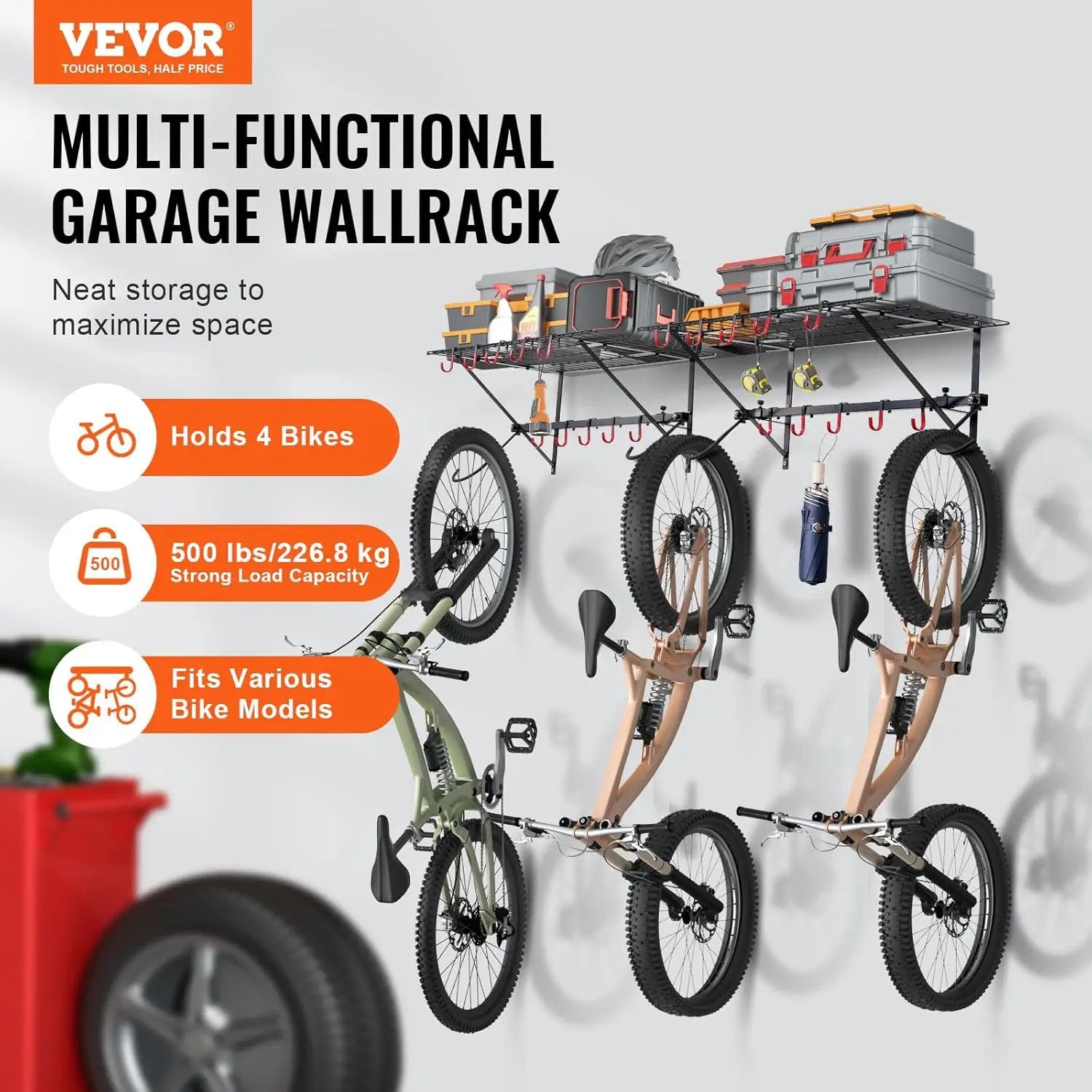 VEVOR Bike Storage Rack, 4 Bike Racks, Wall Mount Bike Storage Hanger with 2 Shelves, Home and Garage Organizer, Customizable for Various Bike Sizes, Adjustable Holder, Holds Up to 500 lbs, 63-inch by GreenHaven Gardens
