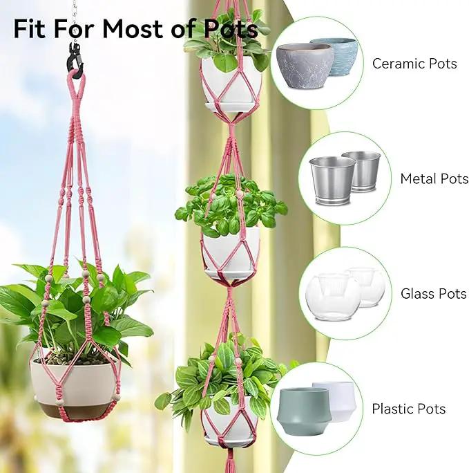 USLAI Macrame Plant Hanger Indoor Outdoor, Up to 4-15 inch Pot, Heavy 20lb Planters, Extra Long Strong Hanging Planter Basket Holder, Boho Home Decor, 35+72 Inch, Pink (POTS NOT Included) by GreenHaven Gardens
