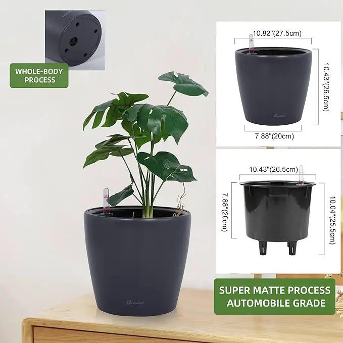 Dexceder 11x10 Inches Self Watering Planter Indoor Outdoor, Inner Pot Design, Thickened Table Flower Plant Pot with Water Level Indicator (Slate Gray Matte) by GreenHaven Gardens