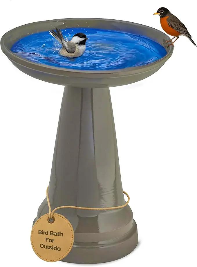 Birds Choice Ohio Stoneware Bird Bath | Pedestal Bird Bath, Stable Locking Top | Weather-Resistant Ceramic Clay, Glazed Finish | Outdoor Garden & Patio Decor | 22" H x 17" D, Gray by GreenHaven Gardens