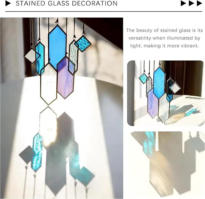 HDCRYSTALGIFTS Stained Glass Window Hanging Suncatchers - 7 Pieces Handcrafted Element Earth Tones Set,Modern Blue Wall Art Sun Catchers Indoor Window Glass Decor Gifts for Mom,Grandma by GreenHaven Gardens