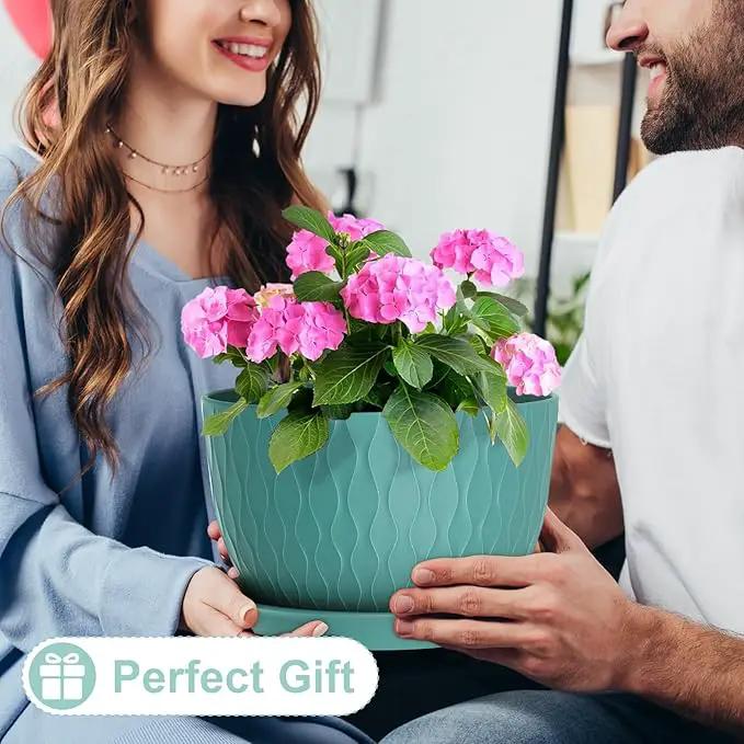 12 Inch Large Plant Pots for Indoor or Outdoor Plants, Wide Water Ripples Flower Pots with Drainage Holes & Saucer, Plastic Planters Set for Garden & Home Decor (Blue Green) by GreenHaven Gardens