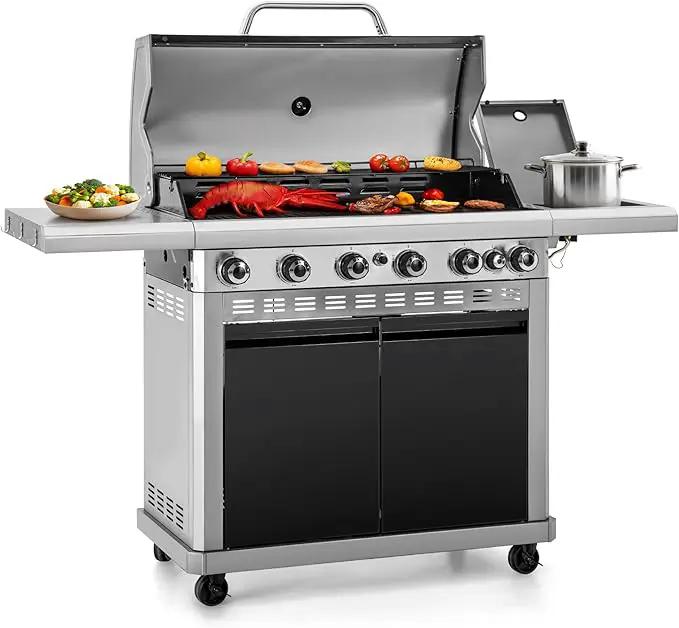 Captiva Designs 6-Burner Propane Gas BBQ Grill with Side Burner & Porcelain-Enameled Cast Iron Grate and Plate for Outdoor Barbucue Events, 52,000 BTU Output,740 SQ.IN. Cooking Area，Heavy Duty by GreenHaven Gardens