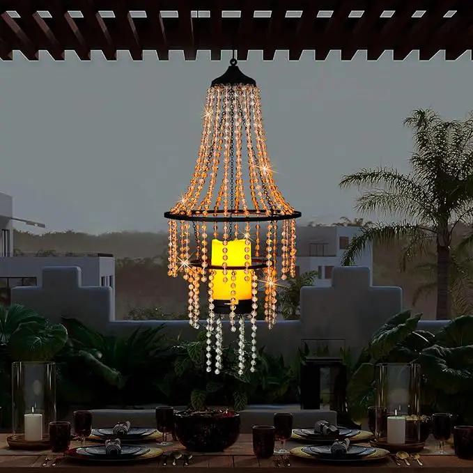 Battery Operated Hanging Chandelier Outdoor Indoor, 28” Modern Acrylic Crystal Hanging Beaded Lantern with Led Candle Light, Pendant Lights Decor for a Gazebo, Garden, Backyard, Patio, Balcony, Porch by GreenHaven Gardens