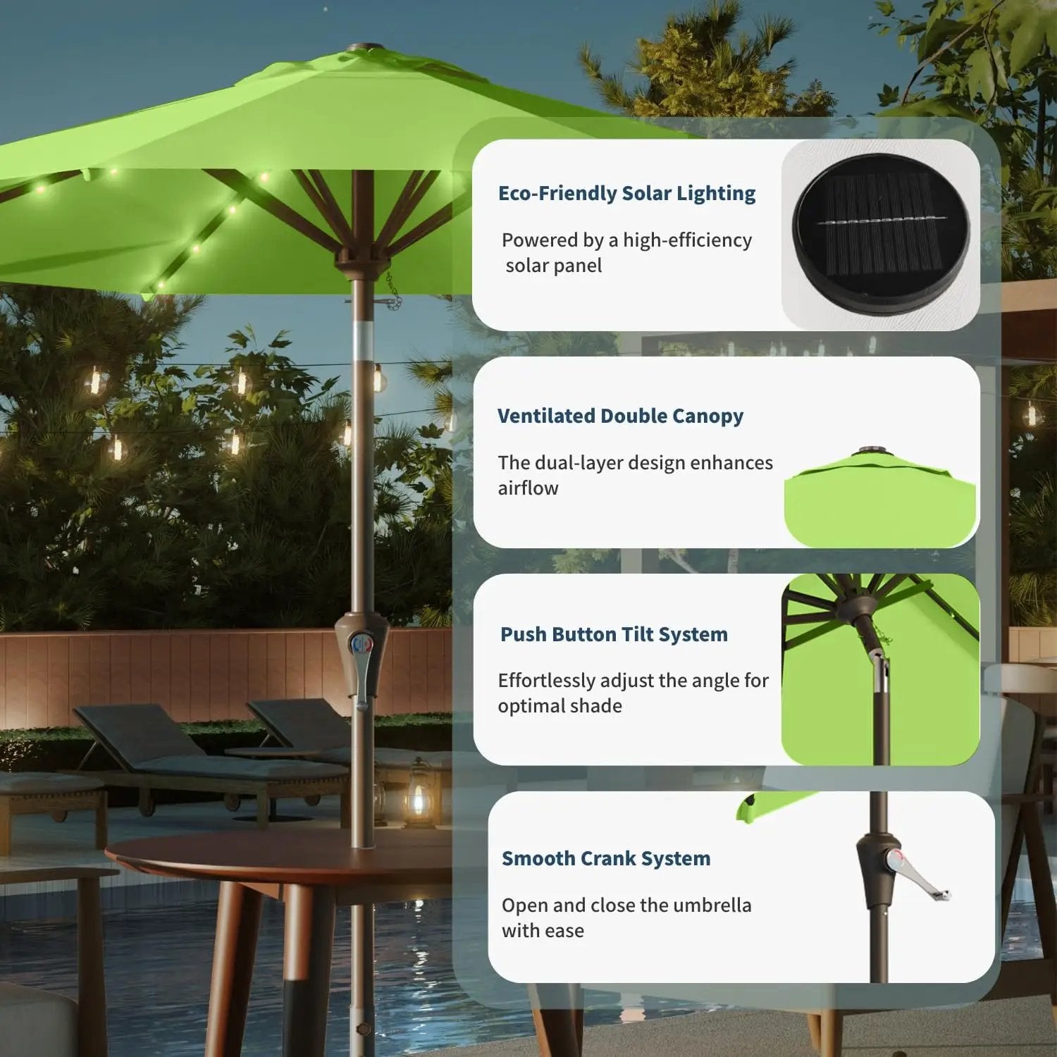 10FT Solar Umbrella 32 LED Lighted Patio Umbrella Table Market Umbrella w/Tilt and Crank, UV-Resistant Outdoor Umbrella for Pool, Garden, Deck, Apple Green by GreenHaven Gardens