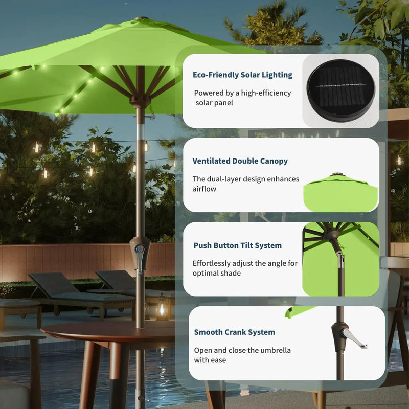 9FT Solar Umbrella 32 LED Lighted Patio Umbrella Table Market Umbrella w/Tilt and Crank, UV-Resistant Outdoor Umbrella for Pool, Garden, Deck, Apple Green by GreenHaven Gardens