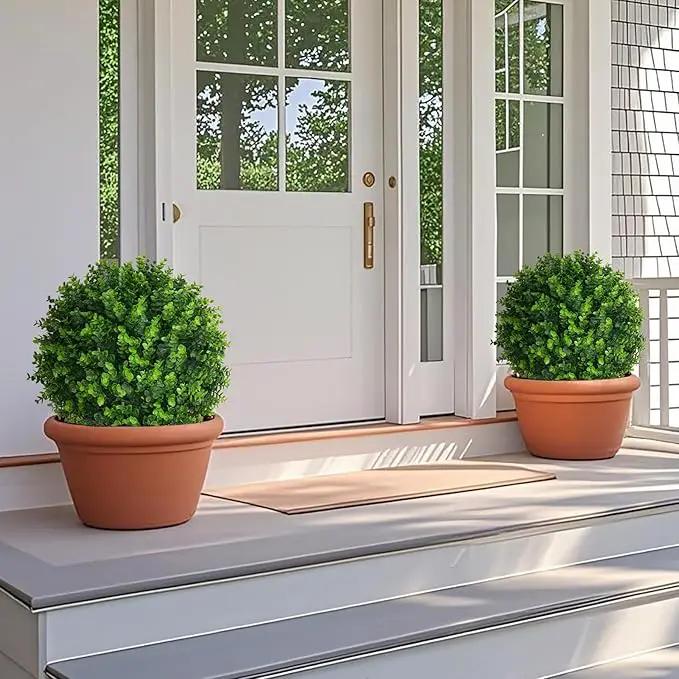 Artificial Topiary Tree with Eucalyptus, Set of 2 Artificial Shrub Bushes with Ground Spike, Fake Evergreen Tree for Porch, Artificial Plants for Outdoor Planters Indoor UV Resistant by GreenHaven Gardens