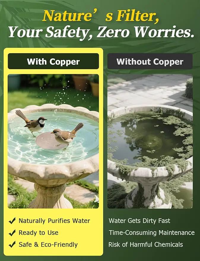 Mellbree Bird Bath Copper Disk, 0.6mm Reinforced 99.99% Pure Copper Cleaning Disk with Triple-Point Support for Physical Safe Clean Water All-Season, Universal Fit for Outdoor Birdbaths, Bowl by GreenHaven Gardens