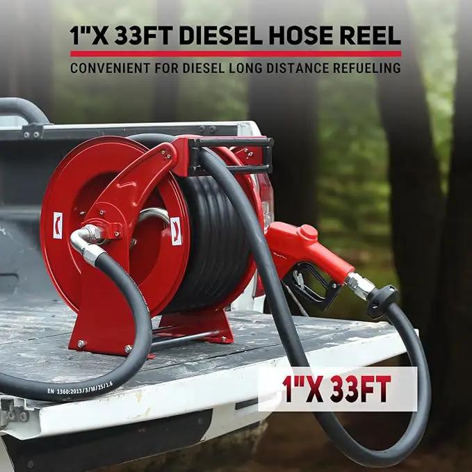Fuel Hose Reel, 1" x 33' Retractable Diesel Fuel Heavy-duty Steel Construction with Refueling Nozzle, 300 PSI Diesel Reel Used for Aircraft Ship Vehicle Tanker Truck by GreenHaven Gardens