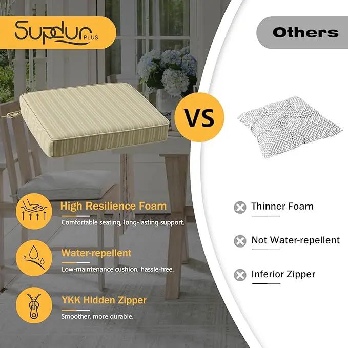 Outdoor Square Corner Seat Cushion, 19"x19"x3", Set of 4, Non Slip Seat Cushion Pads with Removable Cover for Patio Furniture, Garden Yard Lawn, Beige Brown Stripe by GreenHaven Gardens
