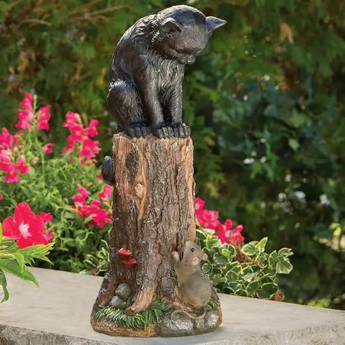 Bits and Pieces - Cat & Mouse Garden Statue- Outdoor Kitten on a Stump Sculpture - 17" Polyresin Home Décor Weather Resistant Lawn Ornament by GreenHaven Gardens