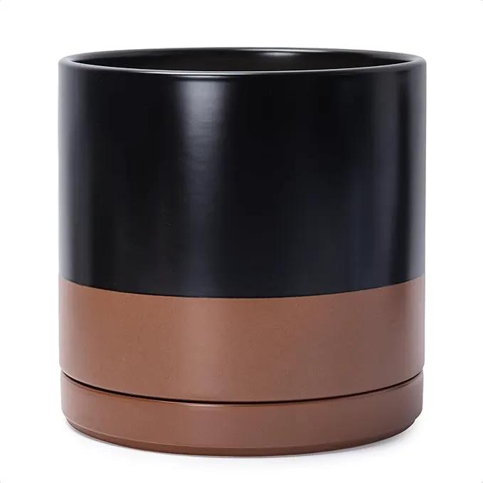 D'vine Dev 12 Inch Ceramic Planter Pot with Drainage Hole and Saucer, Indoor Cylinder Round Planter Pot, Black/Speckled Tan, 94-O-F-7 by GreenHaven Gardens