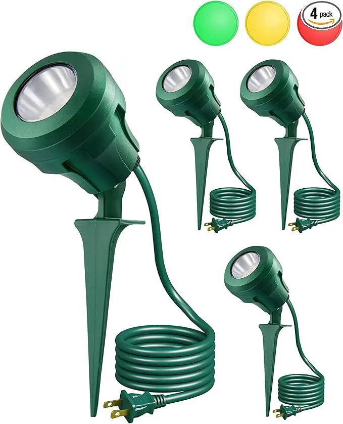 EDISHINE 120V Outdoor LED Spotlights, 4.8W Plug in Spotlight with 3 Lenses (Red Green Yellow) & 180° Rotatable Lamphead, 5000K Waterproof Landscape Lights for Flag Garden, 4 Pack by GreenHaven Gardens