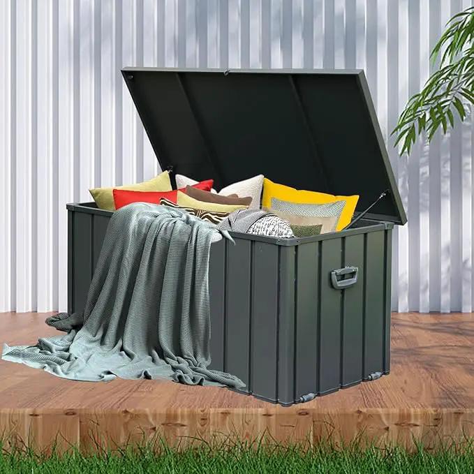 Domi Deck Box Outdoor 150 Gallon, Waterproof Lockable Steel Outdoor Storage Container for Outside Cushions, Garden Tools and Pools Equipment, Gray by GreenHaven Gardens
