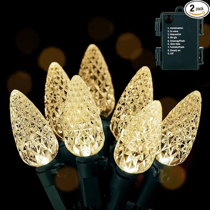 2PC C6 Led Christmas String Lights, 60 Led 20FT Battery Operated Strawberry Lights, Waterproof 8 Lighting Modes Fairy Lights for Indoor Outdoor Patio Garden Party X-mas Decoration(Warm White) by GreenHaven Gardens
