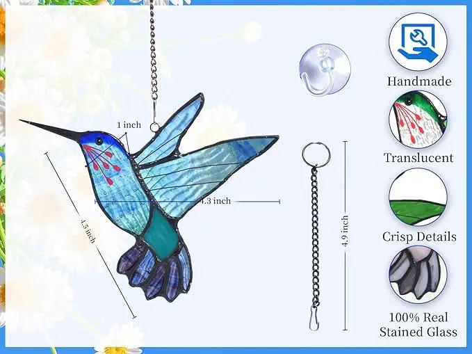 Lolitarcrafts Stained Glass Hummingbird Window Hangings with Flowers, Bird Stained Glass Suncatcher for Window Decor Hummingbird Gifts for Mom,Bird Lovers (Blue A) by GreenHaven Gardens