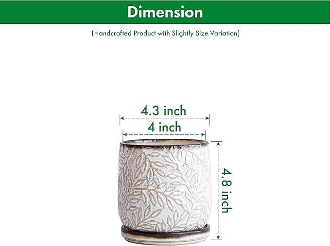 D'vine Dev 4 Inch Embossed Leaves Stoneware Planter Pot with Drainage Hole and Saucer, Smoked White, Set of 1, 27-A-Z-1 by GreenHaven Gardens