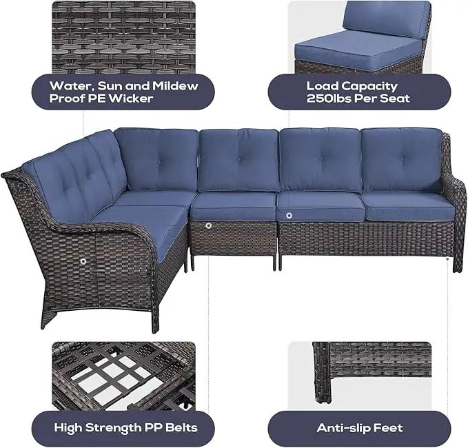 Outdoor Furniture Sectional Sofa L Shaped Couch - Patio Wicker Set with 2 Swivel Glider Chairs, 8 Piece Rattan Patio Conversation Sets with Blue Cushion for Deck Backyard Sunroom