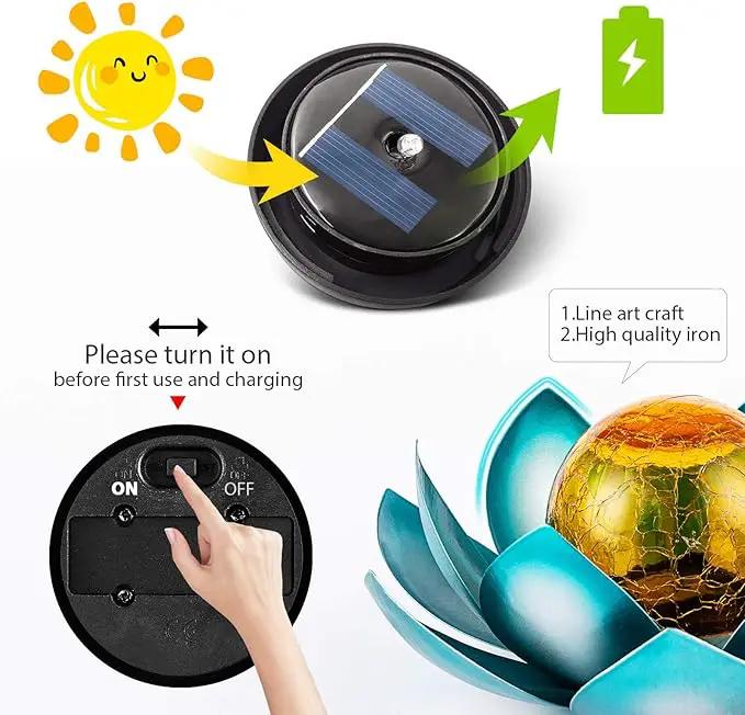 Huaxu Solar Light Outdoor Garden Decor Blue Metal Crackle Globe Glass Waterproof LED Lotus Flower Table Lamp Decorations for Patio Yard Porch Pathway Ground by GreenHaven Gardens