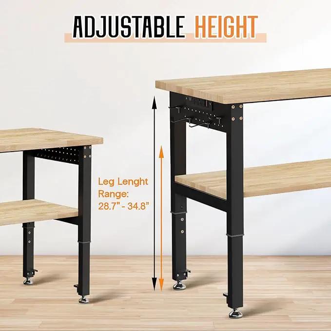 Albott 84" Adjustable 2-Tier Workbench with Solid Wood Top, Max 2000lbs Capacity, Built-in Power Strip with 4 AC Outlets & 2 USB Ports, Pegboard & 20 Hooks, Shop Garage Office by GreenHaven Gardens