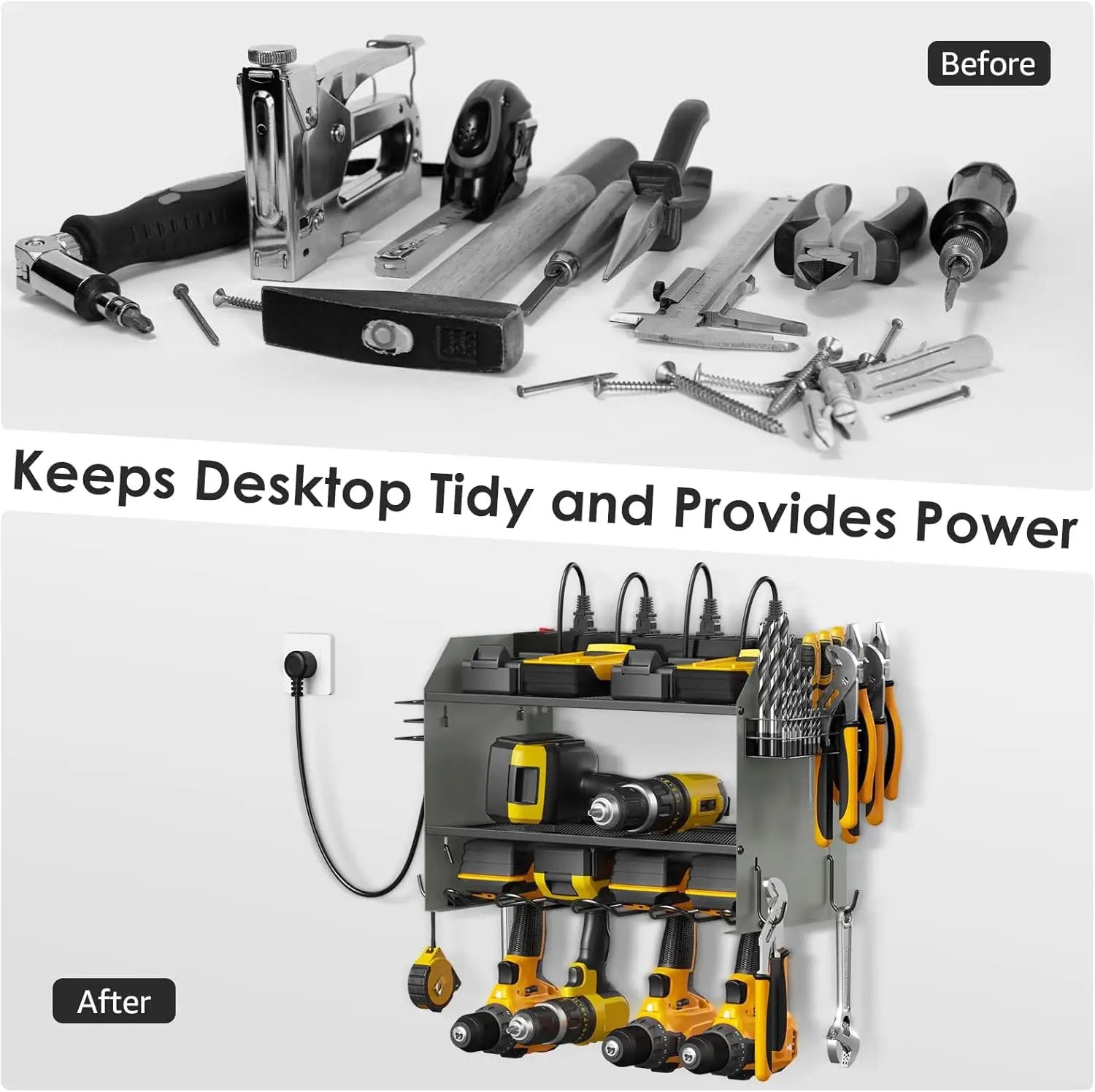 CCCEI Modular Power Tool Organizer Wall Mount with Charging Station. Garage 4 Drill Storage Shelf with Hooks, Drill Bit Heavy Duty Rack, Grey Tool Battery Holder Built in 8 Outlet Power Strip. by GreenHaven Gardens