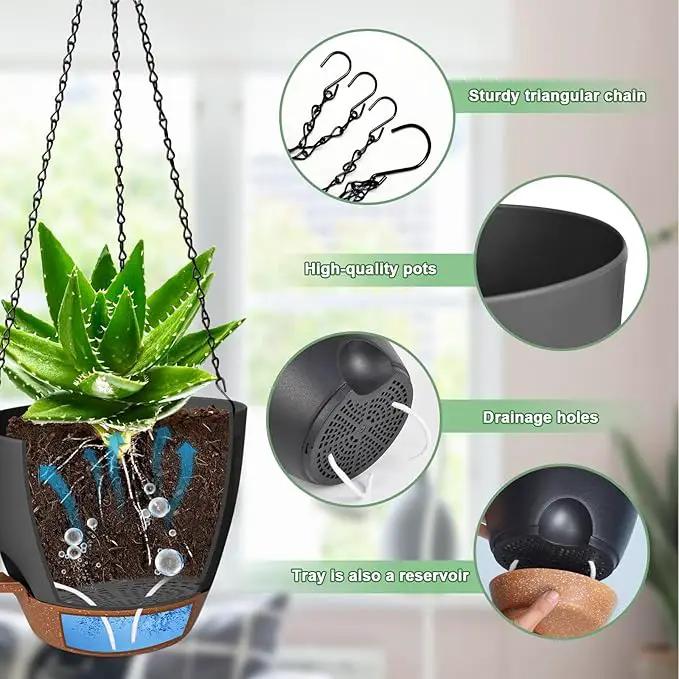 3 Pack Hanging Planter Indoor Outdoor Flower Pots 7/6.5/5 Inch, Self-Watering Hanging Pot with Drainage Holes Hanging Baskets Holder Plant Pots for Garden (Black) by GreenHaven Gardens